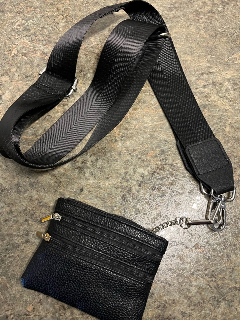 Black Leather Crossbody Card Pouch/Wallet with Adjustable Strap